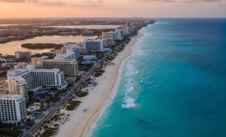 Vista aérea de la zona hotelera de Cancún en Quintana Roo con playas y hoteles frente al mar Caribe